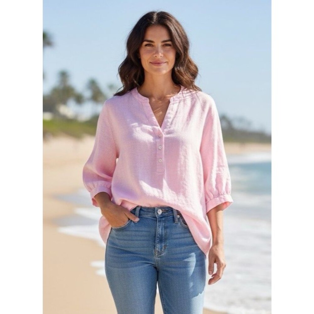 Tommy Bahama NEW! womens 100% linen balloon sleeve v-neck blouse Large summer